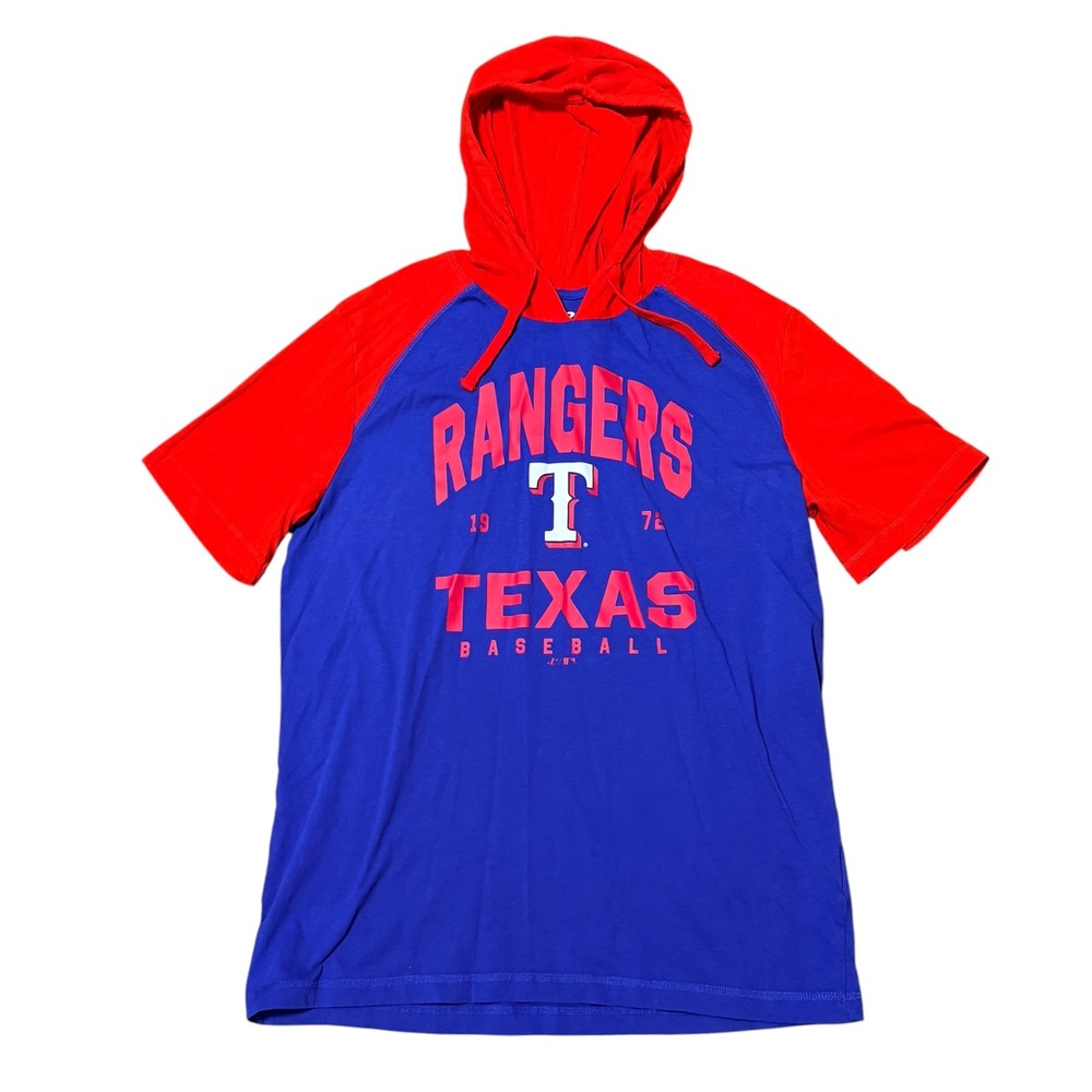 Logo Athletic Texas Rangers MLB Short Sleeve Hoodie Blue Red Mens Large Raglan